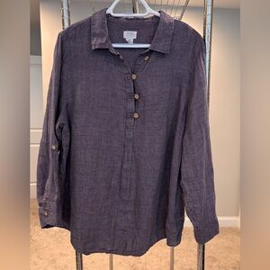 Sigrid Olsen plus size 1X 100 % Linen 1/2 button shirt purple roll tab sleeves